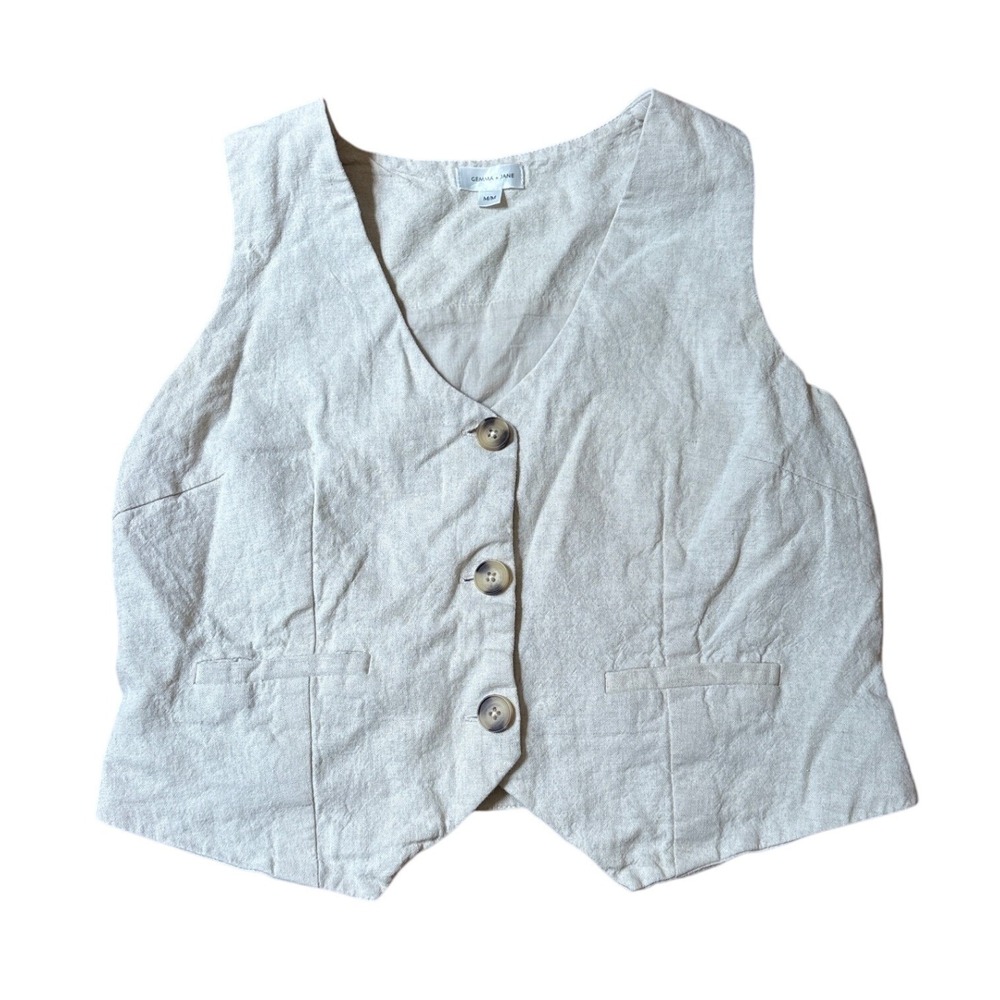 Gemma + Jane Vest Top Women Beige Linen Blend Boho V-Neck SIZE M